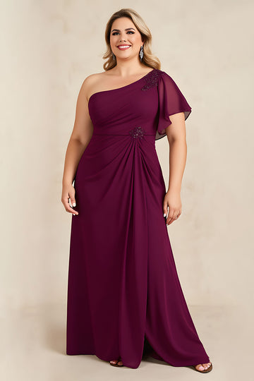 Burgundy A-Line One Shoulder Plus Size Mother Of The Bride Dress With Beading
